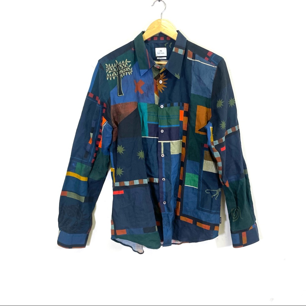 Paul Smith Navy Multicolor Geometric Patchwork Button-Down Shirt